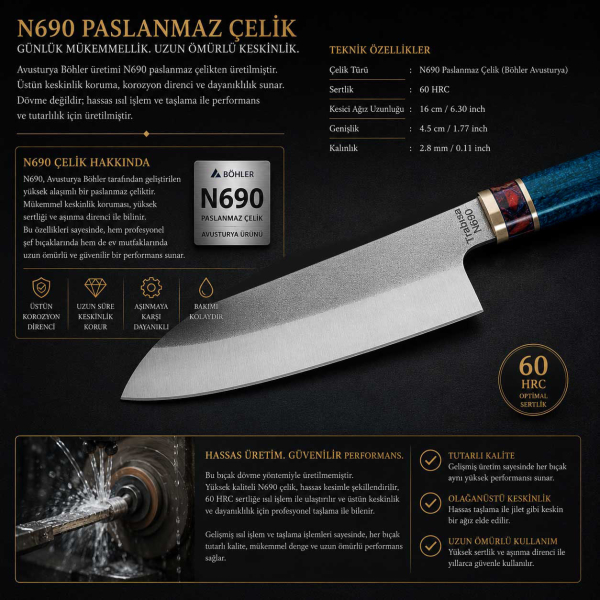 Sürmene El Yapımı N690 Santoku Şef Bıçağı