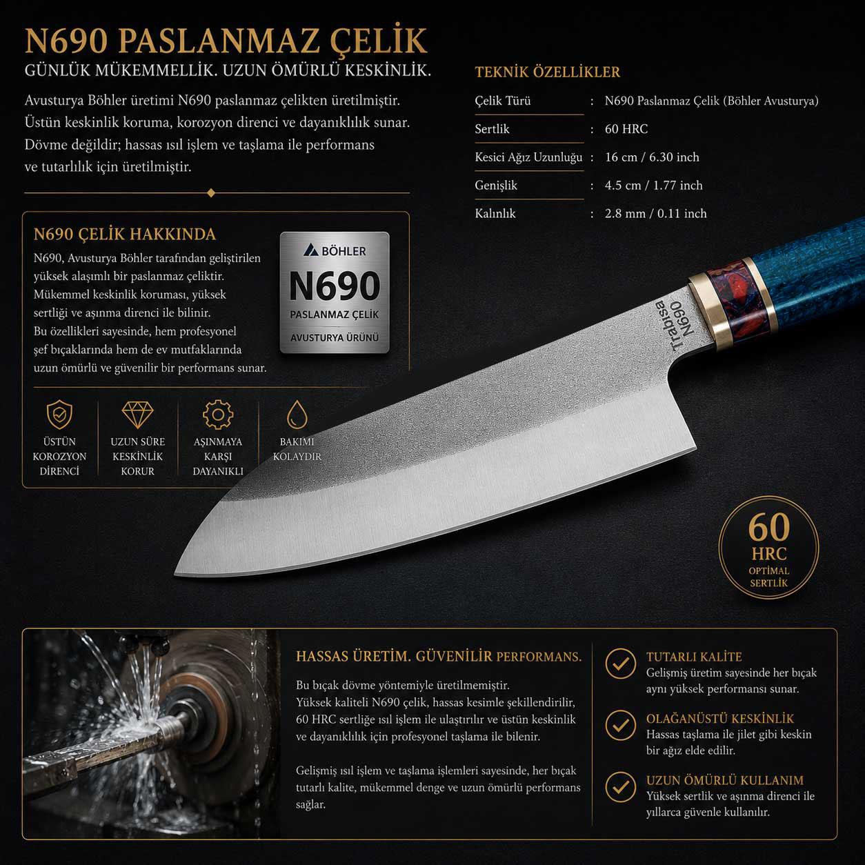 Sürmene El Yapımı N690 Santoku Şef Bıçağı